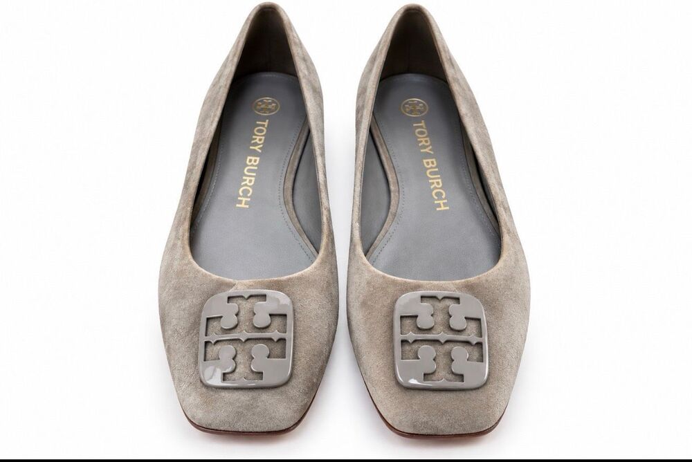 Tory Burch Suede Logo Ballet Flats Taupe Gray Square Toe Women’s 7.5